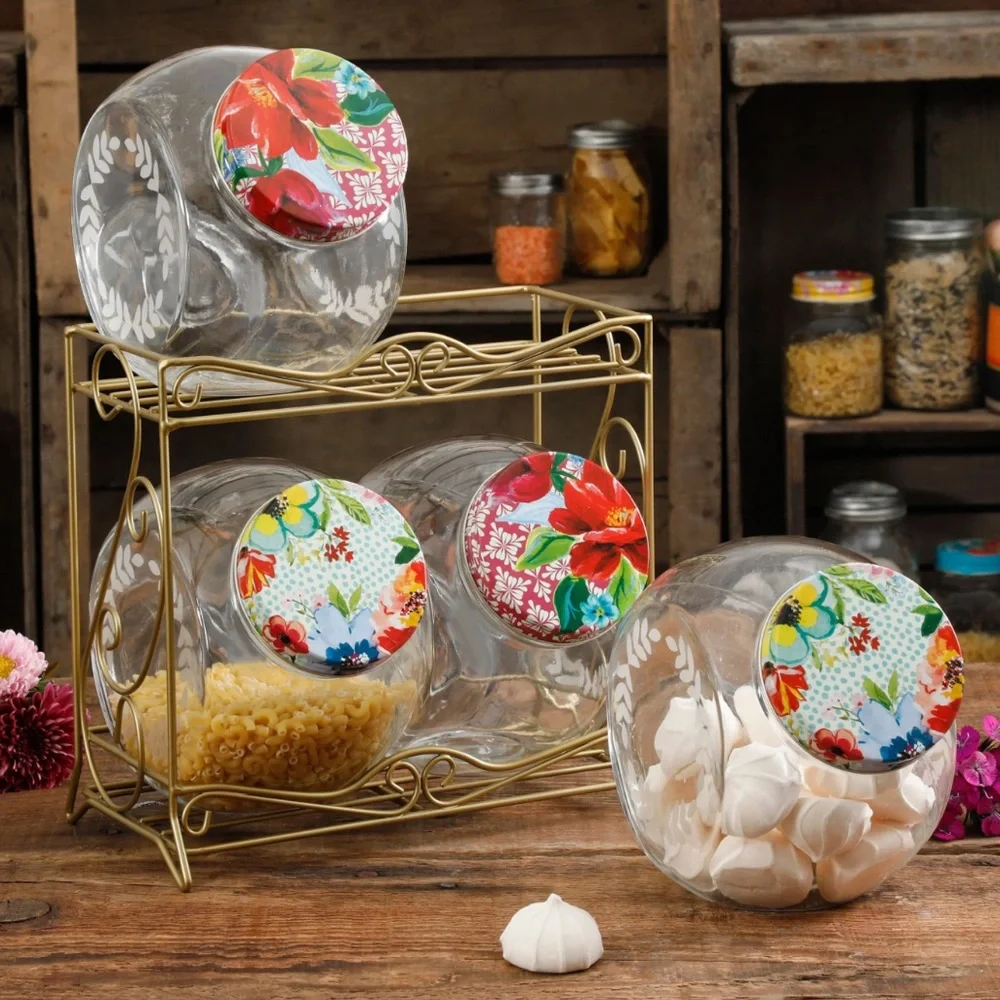 RARE! The Pioneer Woman Floral Medley Glass‎ Storage Jars with Metal Rack